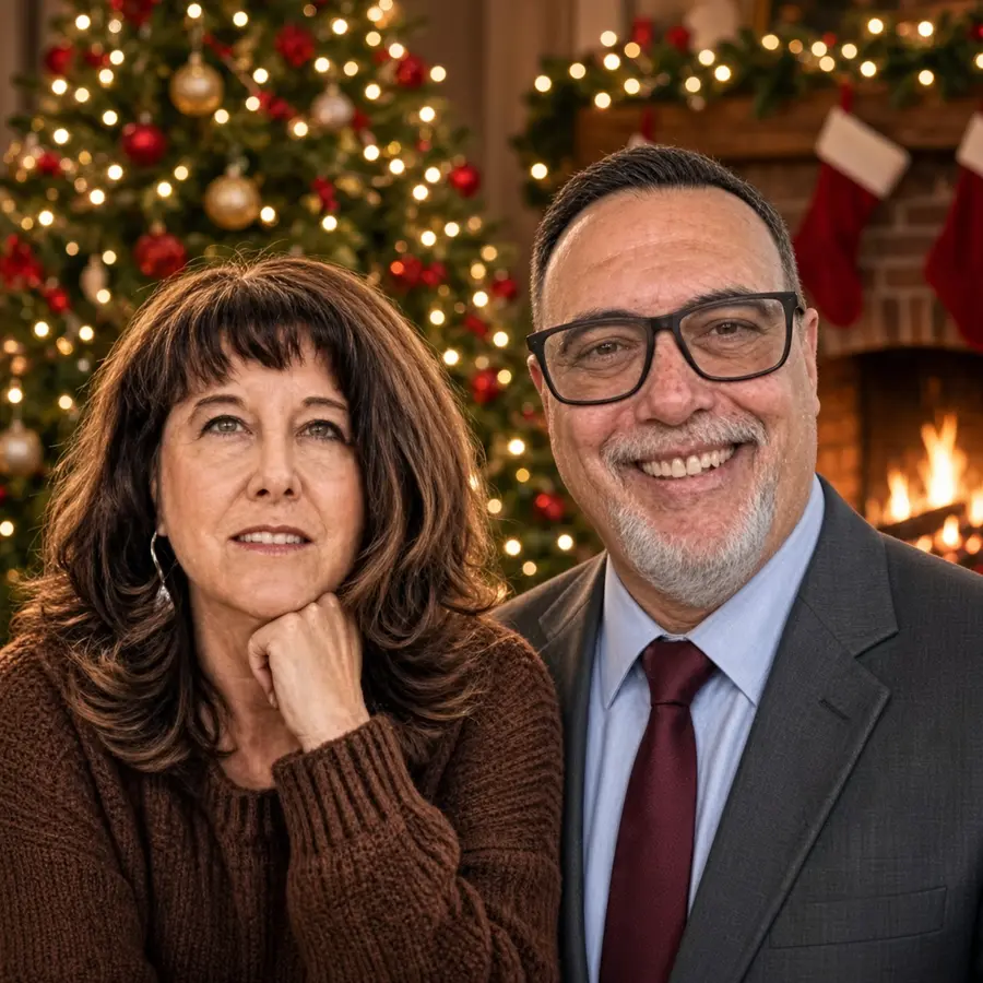 Tonya A. Sharrett-Shoemaker and Dr. Franklin Edward Shoemaker smiling in front of a Christmas tree and fireplace