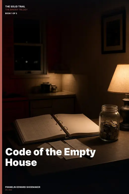Cover of Code of the Empty House: an open binder and a jar of coins under a lamp in an empty house