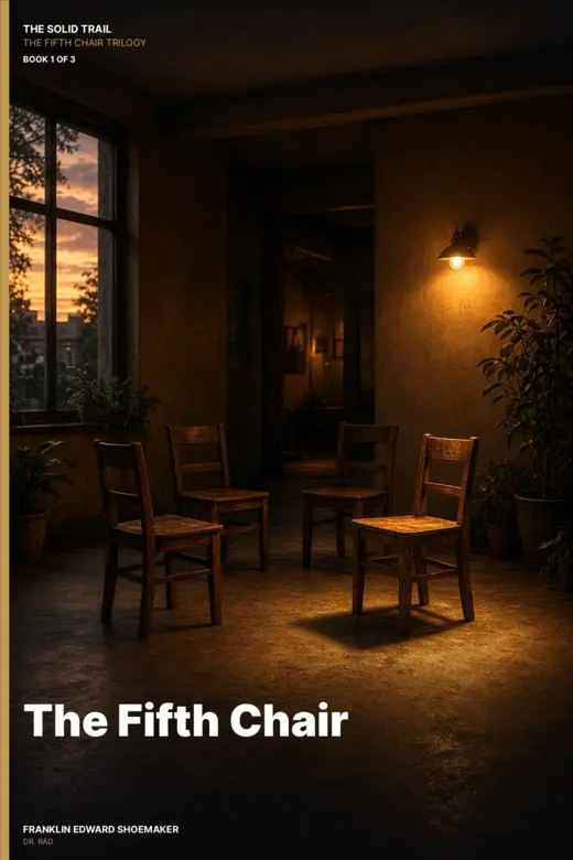 Cover of The Fifth Chair: a single wooden chair under a warm lamp in a dark community room