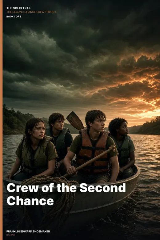 Cover of Crew of the Second Chance: four teens in life jackets paddling a boat under a stormy orange sky