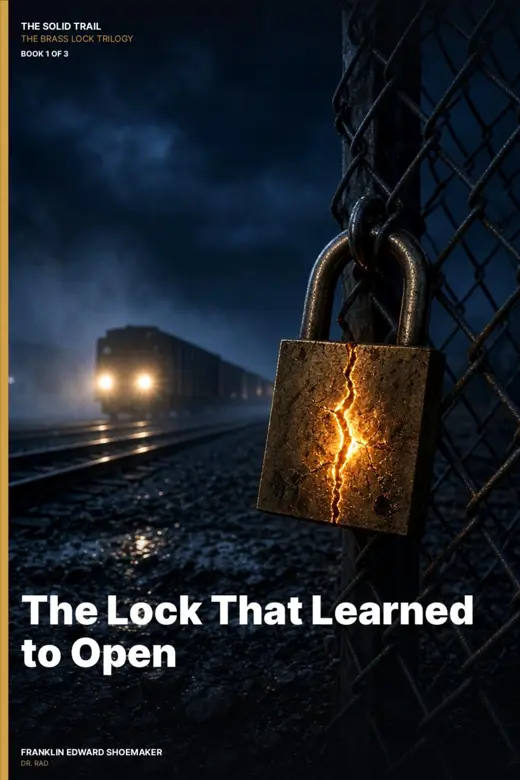 Cover of The Lock That Learned to Open: a cracked brass padlock glowing on a chain-link fence beside rail tracks at night