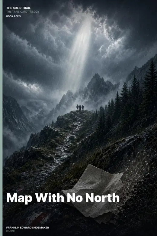 Cover of Map With No North: a shaft of light breaking through storm clouds over a mountain trail