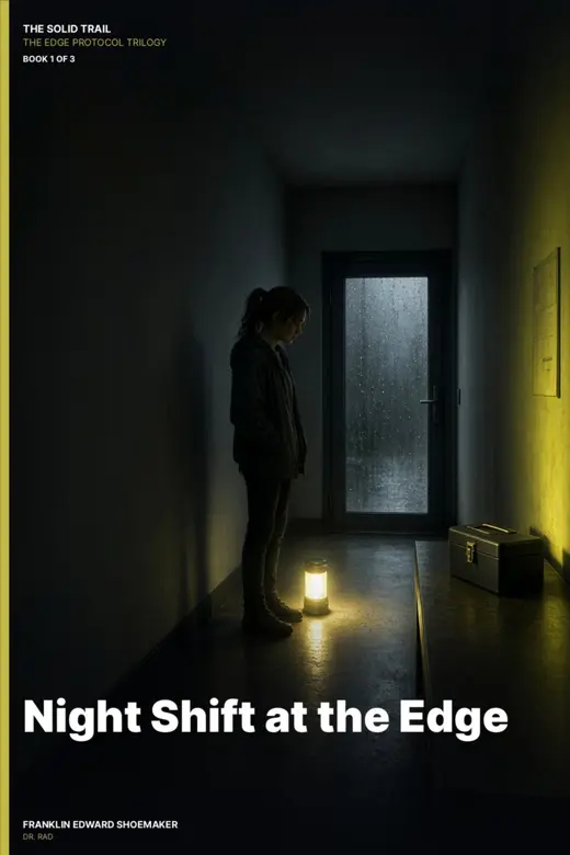 Cover of Night Shift at the Edge: a teen standing in a dark hallway by a lantern during a blackout