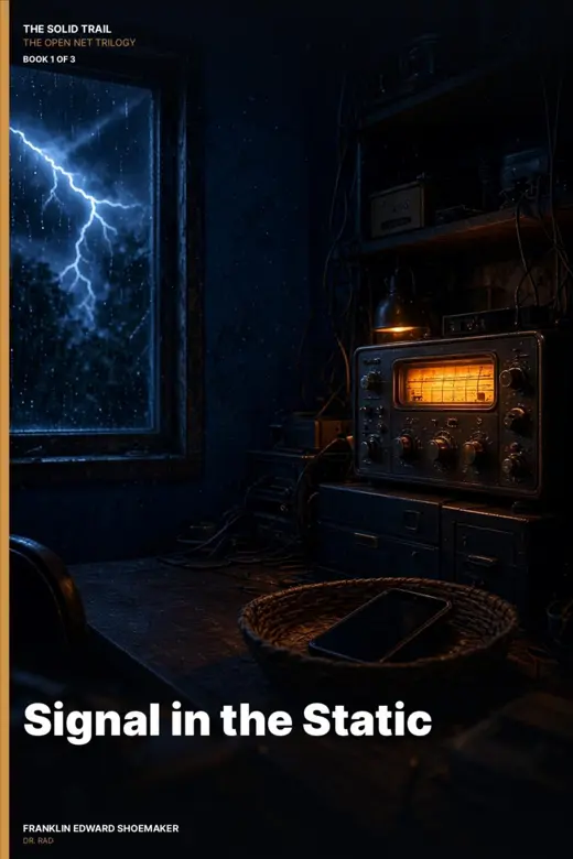 Cover of Signal in the Static: a glowing vintage radio beside a window lit by lightning